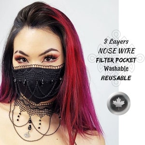 Gothic Victorian Black Lace Face Mask with Chains & Glass Beads, Cosplay, Witchy, Vampire Aesthetic, Handmade in Canada by Triple Wish Decor
