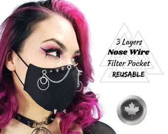 Spiked Face Mask with Chains and Charms, Goth Face Mask, Reusable with Filter Pocket, Made in Canada By Triple Wish Decor