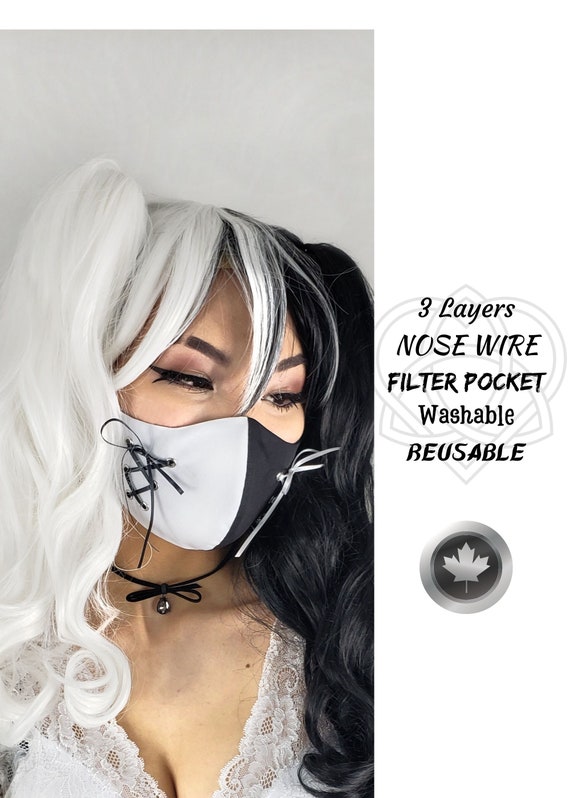 Goth Black and White Cotton Face Mask, Gothic Lolita Mask, Satin Ribbon Mask, Alt Mask, 3 layers, Made In Canada by Triple Wish Decor
