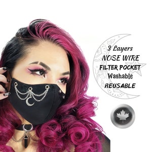 Masque facial gothique lune, vibrations sorcières, masque alternatif en coton triple épaisseur, réutilisable, fabriqué au Canada par Triple Wish Decor