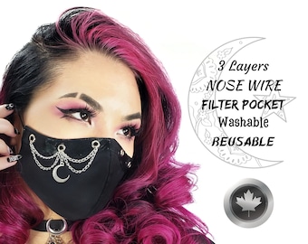 Goth Moon Face Mask, Witchy Vibes, Triple Layer Cotton Alternative Mask, Reusable, Made In Canada by Triple Wish Decor