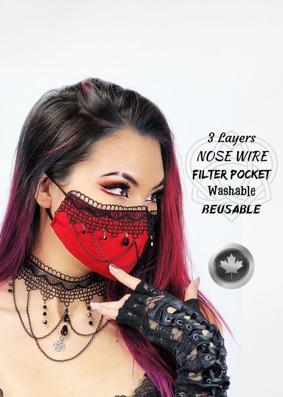 Gothic Victorian Face Mask, Red /black Lolita With Lace, Goth