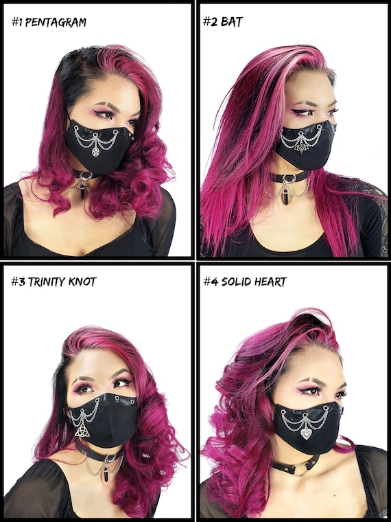 Goth Moon Face Mask: Faux Leather & Chain - Reusable Cotton Blend