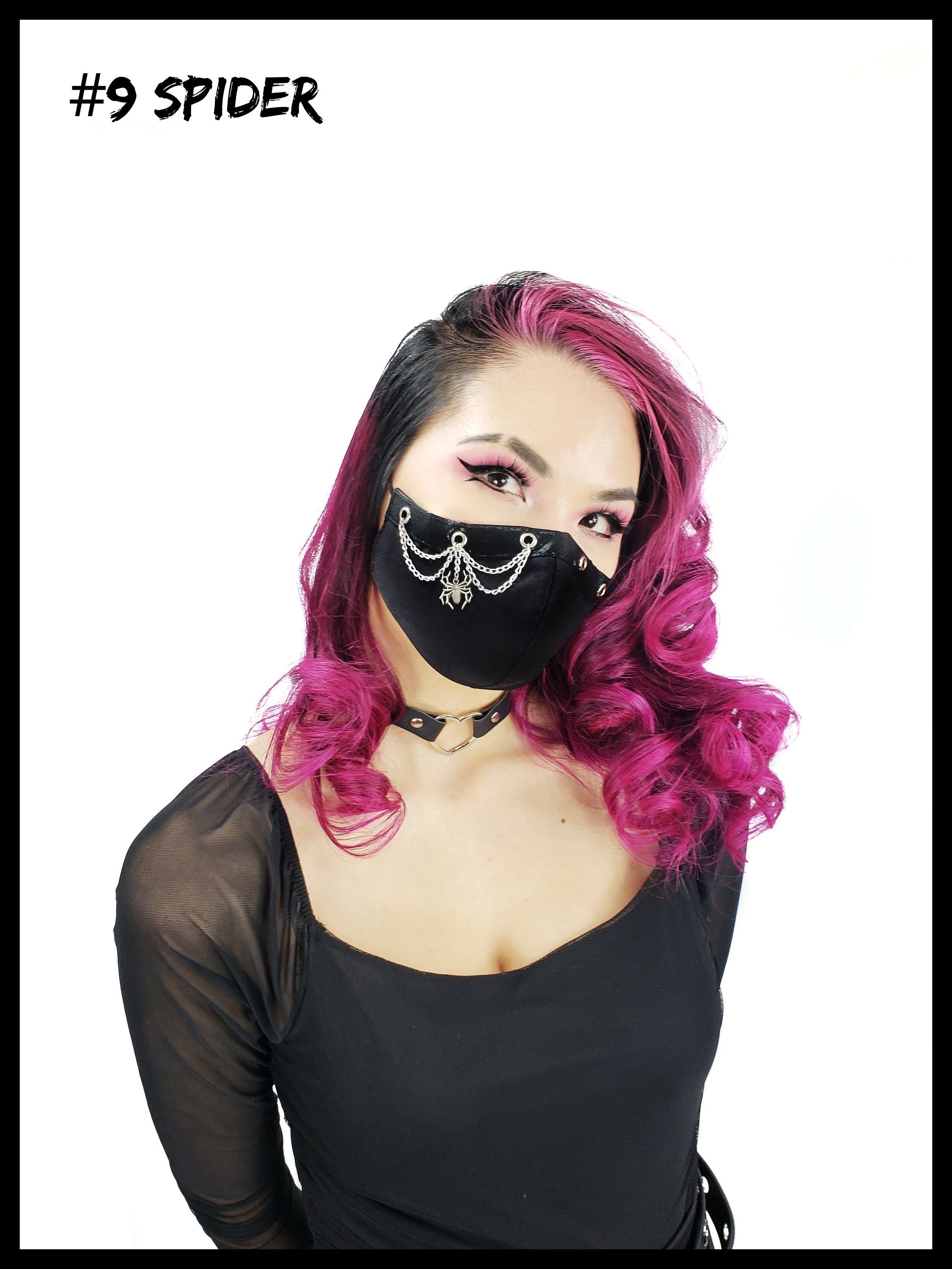 Goth Moon Face Mask: Faux Leather & Chain - Reusable Cotton Blend