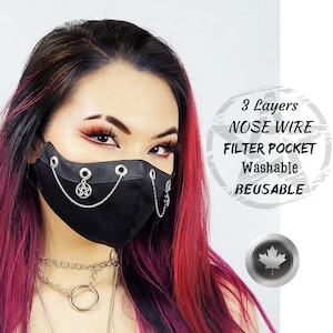 Maska na twarz z gotyckiego łańcucha pentagramu: Witchy Goth Cosplay, wielokrotnego użytku, wyprodukowana w Kanadzie