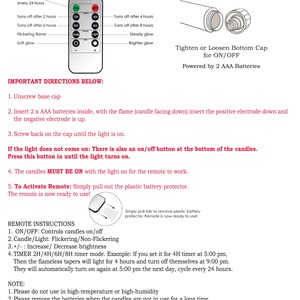 May include: A white remote control with black buttons and text, designed for flameless candles. It has timer settings, brightness controls, and on/off functionality. Includes instructions for use and battery installation.