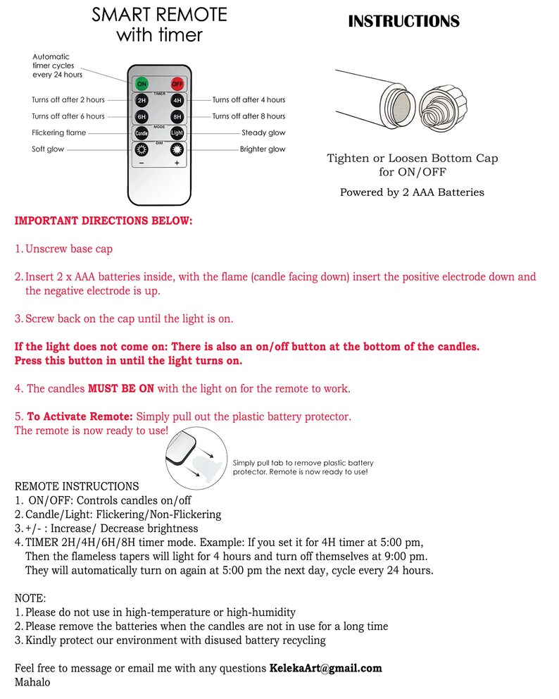 May include: A white remote control with black buttons and text, designed for flameless candles. It has timer settings, brightness controls, and on/off functionality. Includes instructions for use and battery installation.