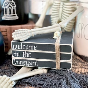 Halloween bookstack, Skelton decor, skeleton bookstack, tiered tray decor, Halloween decor, Halloween tiered tray, Halloween, bones
