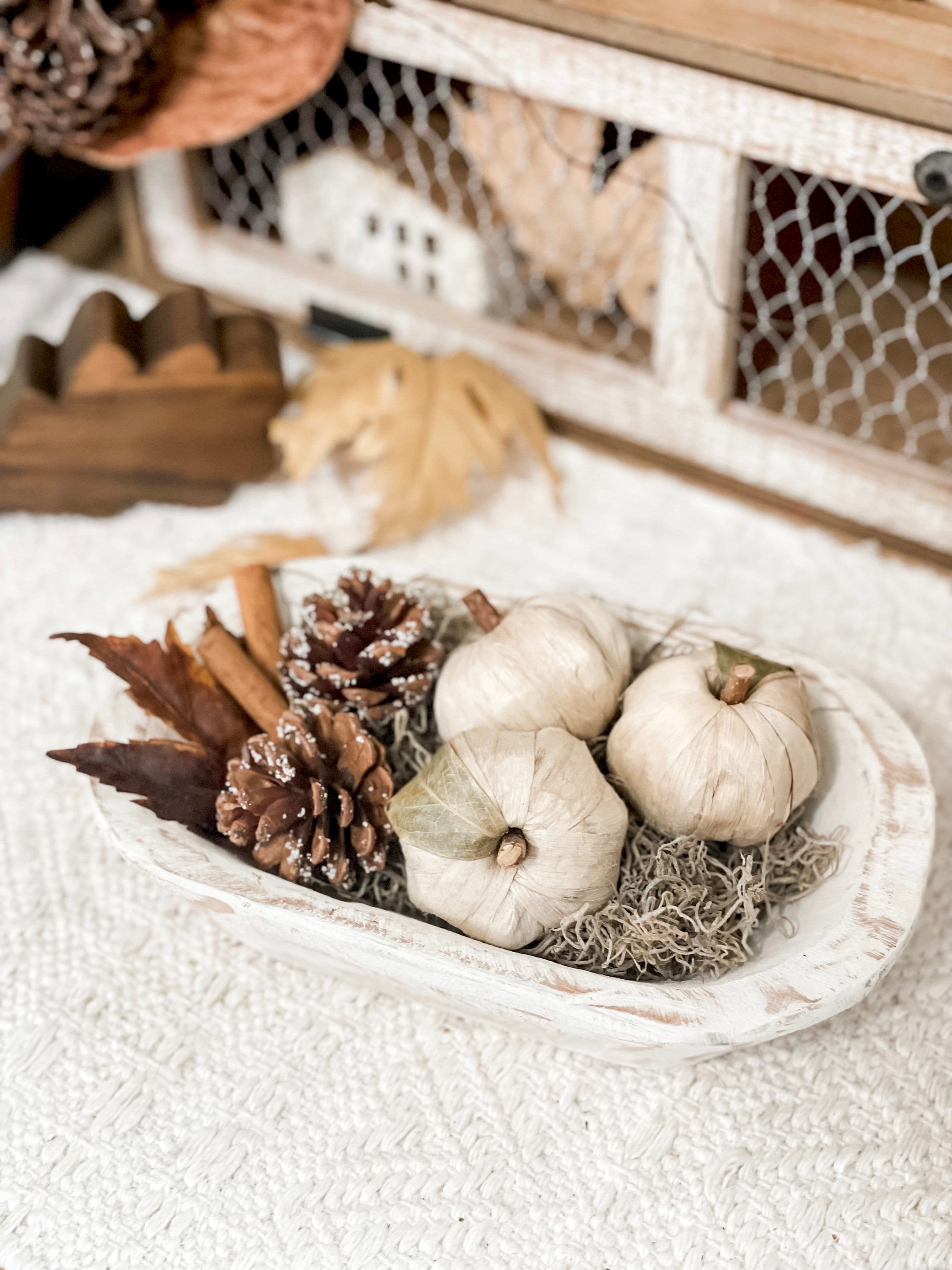 Fall centerpiece, handmade fall, neutral fall, pumpkin dough bowl, dough bowl, fall greenery, woodland decor, rustic