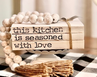 Bookstacks, kitchen bookstacks, farmhouse bookstacks, farmhouse decor, farmhouse kitchen decor, stamped books, farmhouse kitchen decor