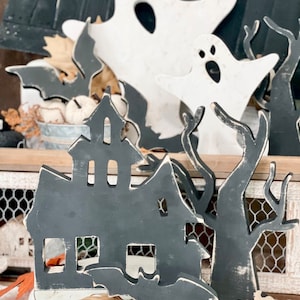 Haunted house, Halloween house, Halloween decor, spooky decor, Halloween decorations, haunted, ghosts, rustic trees, Halloween display