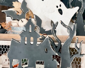 Haunted house, Halloween house, Halloween decor, spooky decor, Halloween decorations, haunted, ghosts, rustic trees, Halloween display