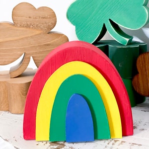 rainbow, rainbow decor, wooden rainbow, St Patrick’s day decor, St Patrick’s rainbow, tiered tray decor, pot of gold, rainbows