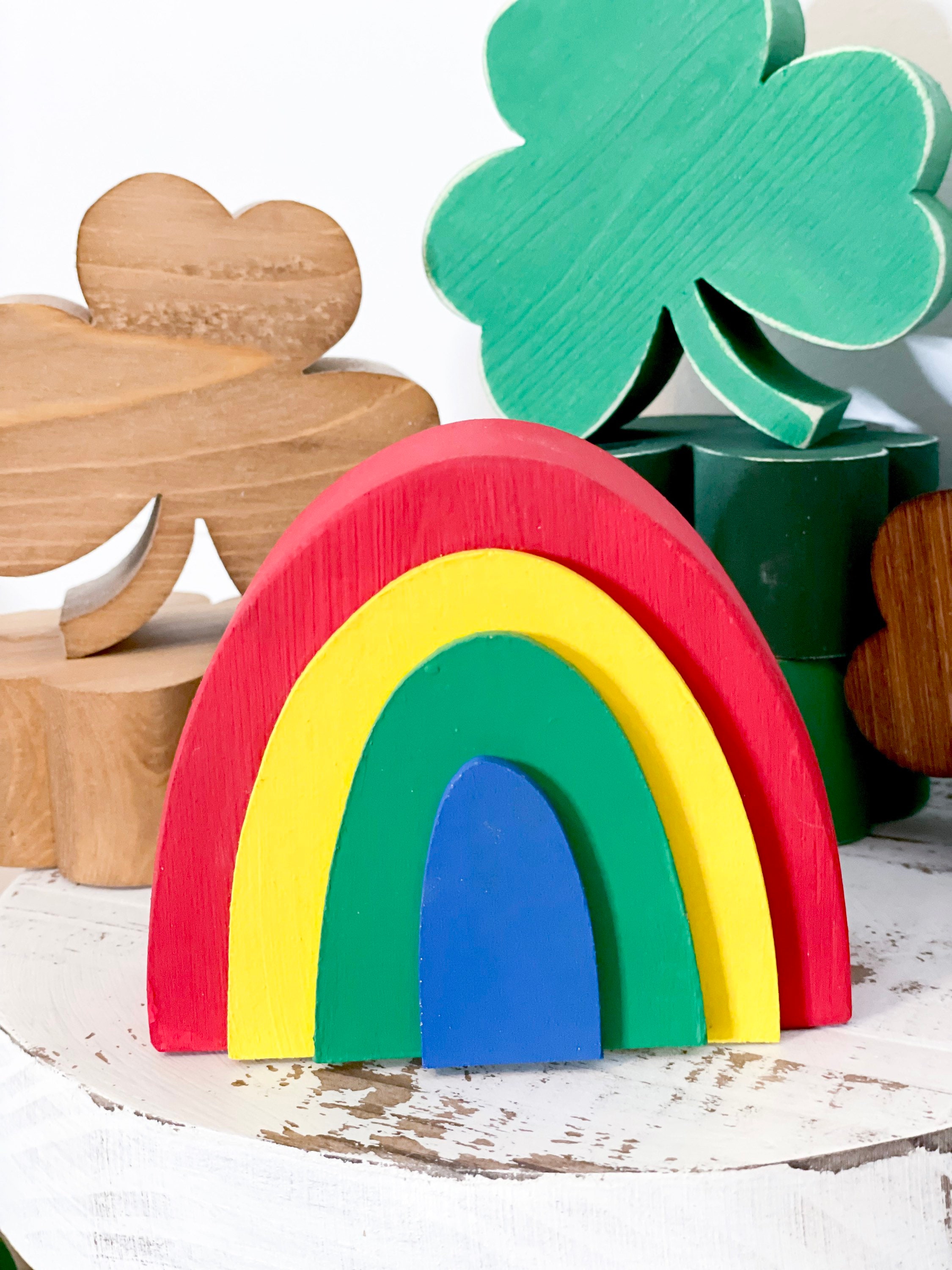 rainbow, rainbow decor, wooden rainbow, St Patrick’s day decor, St Patrick’s rainbow, tiered tray decor, pot of gold, rainbows