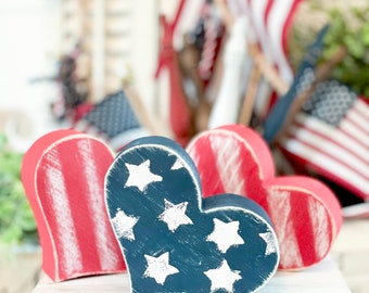 wood heart, heart decor, patriotic  decor, patriotic tiered tray, hearts, red hearts, Stars and Stripes, Americana, patriotic hearts