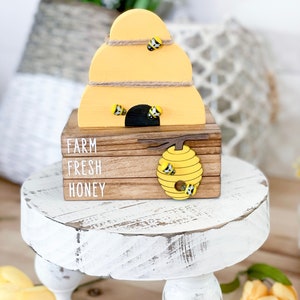 Bee bookstack, bee decor, bee tiered tray, bee theme, summer decor, summer tiered tray, spring tiered tray, farmhouse spring decor, spring