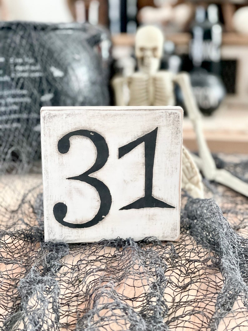 May include: White wooden block with the number 31 painted in black. The block is sitting on a black mesh fabric.