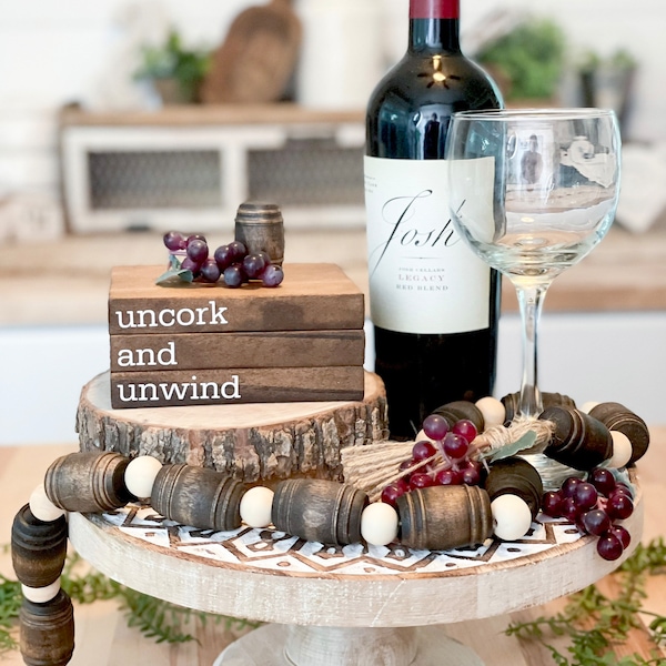 Wine bookstack, tiered tray decor, wine decor, uncork and unwind, wine bar, winery decor, wine tiered tray, live love wine, vineyard decor,