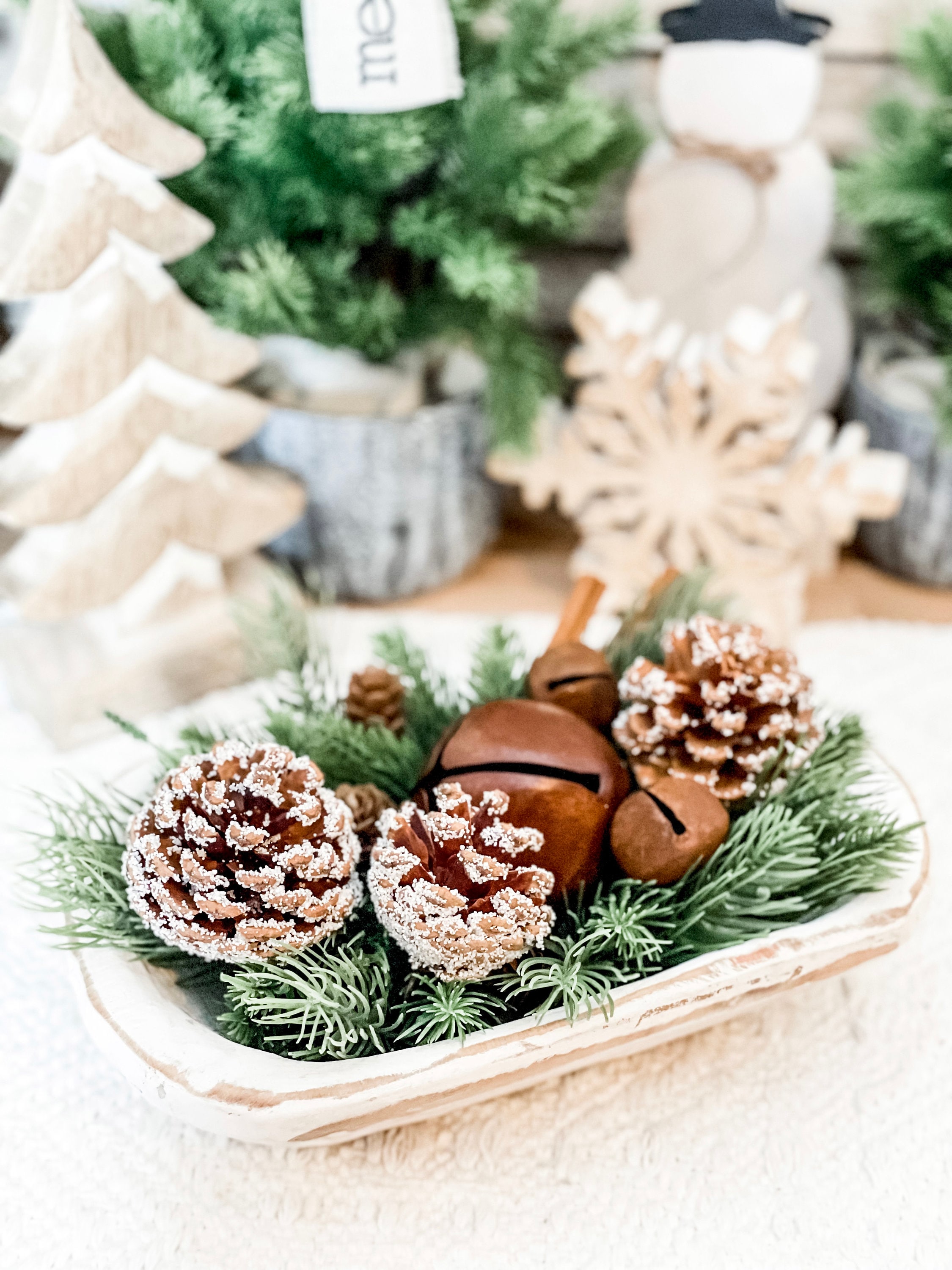 Christmas decor, handmade Christmas, neutral Christmas, evergreen dough bowl, dough bowl, Christmas greenery, woodland decor, rustic decor