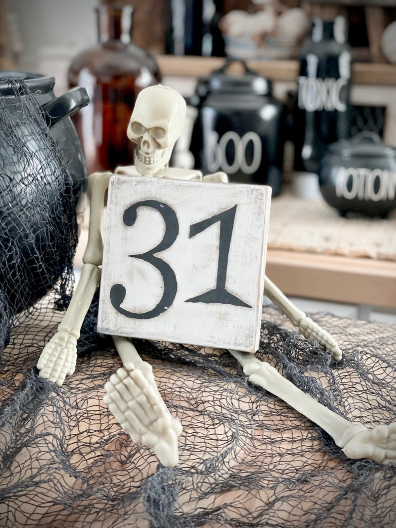 May include: A white wooden block with the number 31 painted in black sits in front of a skeleton. The skeleton is sitting on a black mesh fabric.