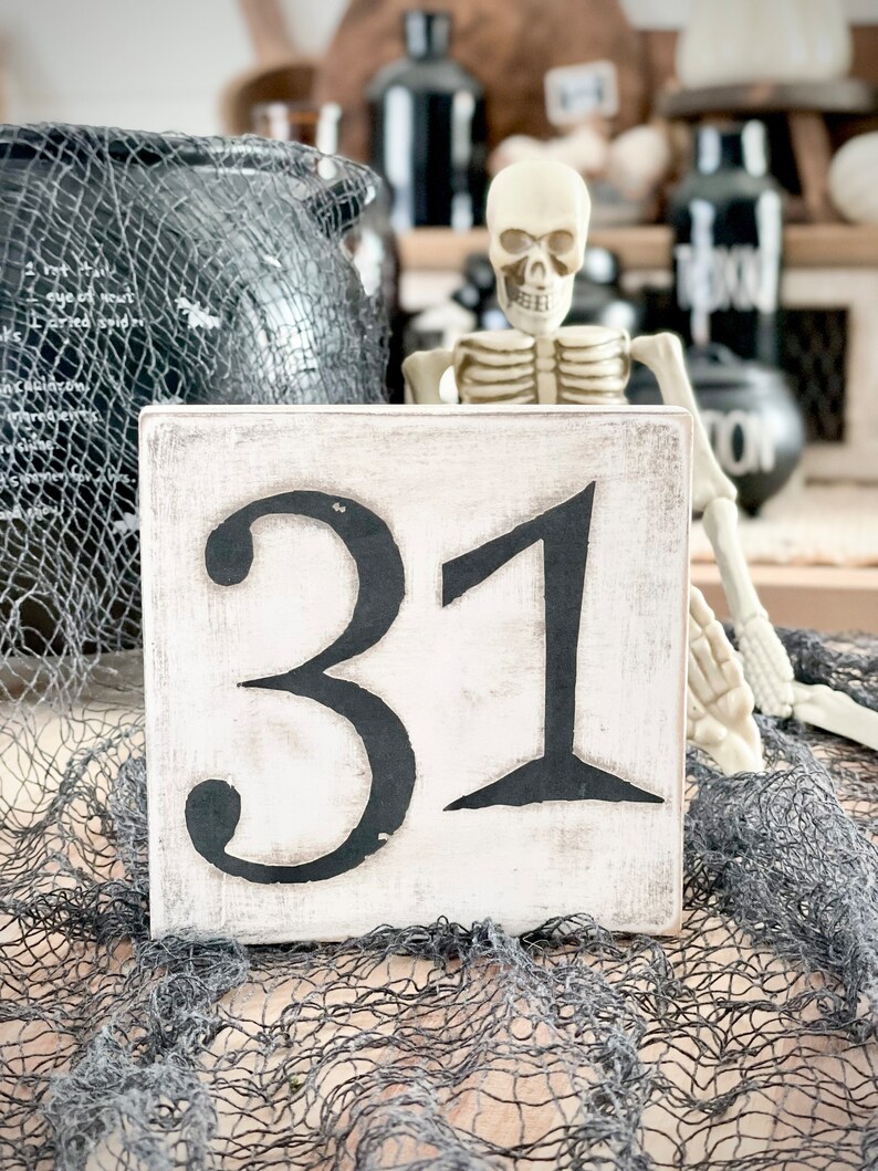 May include: A white wooden sign with black painted numbers "31" on it. The sign is sitting on a black mesh fabric. A skeleton figurine is in the background.
