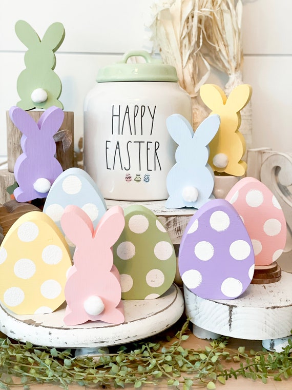 Décoration Pâques En Bois Décoration De Pâques En Bois - Support Happy Easter Avec Lapin Amovible - 17x30x4 Cm