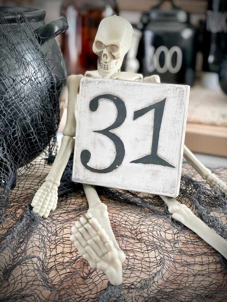 May include: A white wooden sign with black painted numbers "31" on it. A plastic skeleton is holding the sign in front of it. The skeleton is sitting on a black mesh fabric.