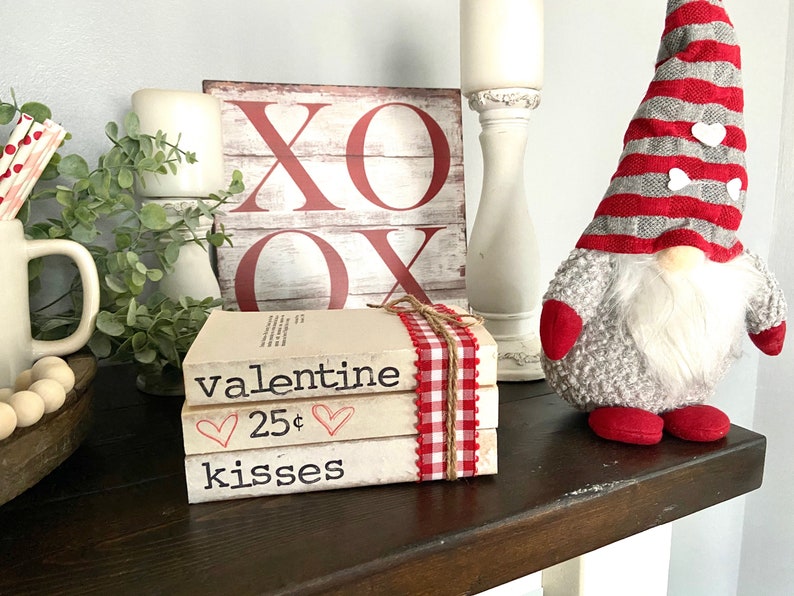 Valentines Day Bookstacks, Valentines decor, stamped books, Valentines farmhouse decor, farmhouse decor, bookstacks image 1