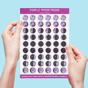 Moon Phases Planner Stickers, Full Moon New Moon stickers, Lunar Cycle Stickers, Purple Moon Stickers