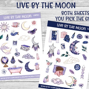 Live by the Moon Planner stickers, Witchy Moon Planner Stickers: Moon Phase Decorations - 47 Piece Set