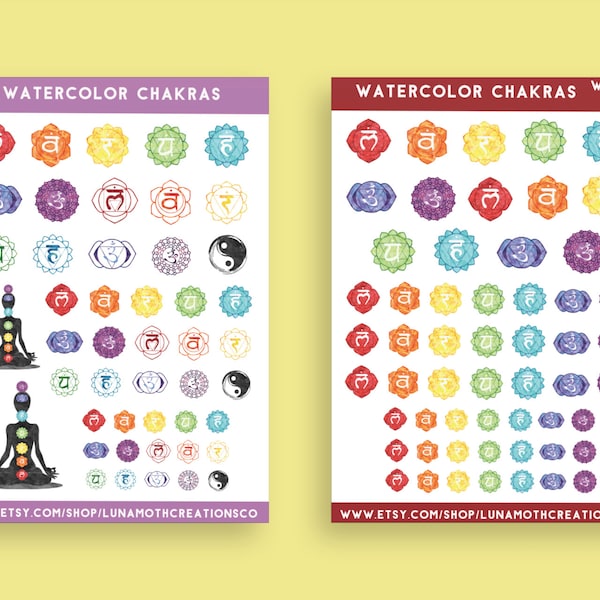 Watercolor Chakras Stickers, Witchcraft Stickers, Yoga Stickers, Chakra Balancing, Pagan Stickers
