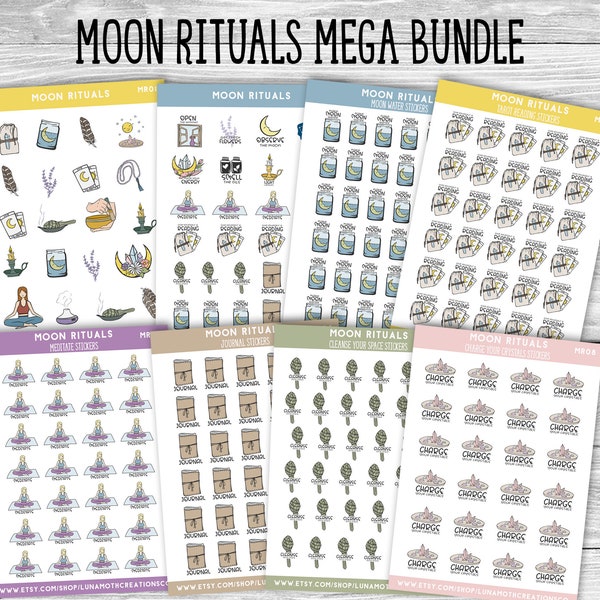 Moon Rituals Sticker Bundle, Moon Stickers, Tarot Stickers, Moon Water, Crystal Stickers, Meditate Stickers, Sage Stickers, Journal Stickers