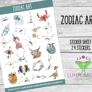 Zodiac Art Sticker Sheet, Celestial Stickers, Zodiac Stickers, Constellation Stickers, Astrology Stickers