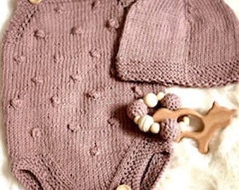 Knitted romper, hat, grip ring