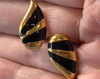 Monet Black & Gold Earrings-Monet Designer Clip On Gold Tone And Black Enamel Earrings- Classic Clip On Monet Earrings