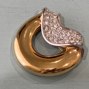 Swarovski Crystal Gold Tone & Silver Brooch-Paved Clear Crystals in a Crescent Like Shape-Elegant Brooch-Blazer Brooch-Designer Jewelry