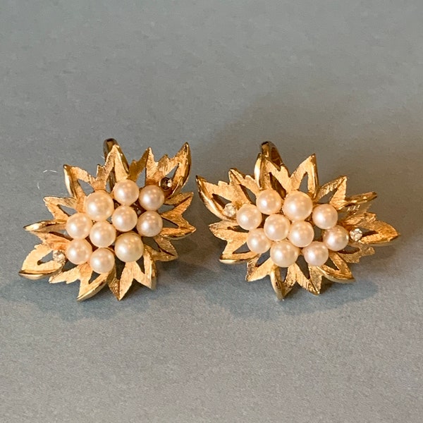 Crown Trifari Pearl Earrings-Clip On Gold Tone Faux Pearl Earrings