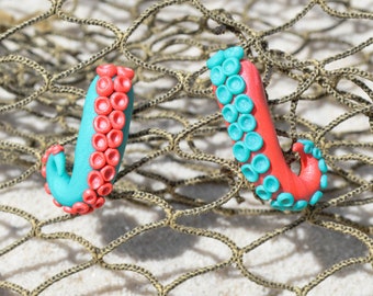 Blue and Coral Pink Tentacle Earrings
