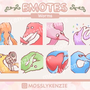 Puede incluir: Un conjunto de ocho emojis de gusanos con diferentes expresiones y colores. Los emojis están dispuestos en una cuadrícula de cuatro filas y dos columnas. Los emojis incluyen un gusano llorando, un gusano sosteniendo un cuchillo, un gusano con un corazón, un gusano con gafas de sol, un gusano con una pistola, un gusano con confeti, un gusano con una gran sonrisa y un gusano con una expresión confusa.