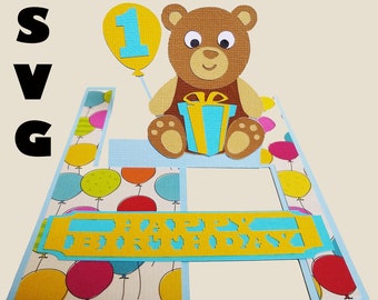 Teddy Bear Birthday Impossible Card and Envelope for Cricut and Silhouette Digital Download Cutting File