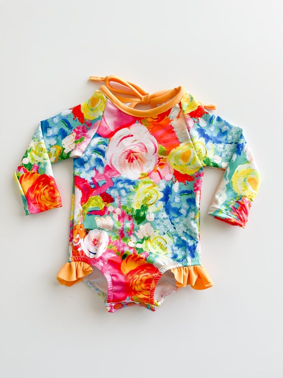Bright Floral Rash-guard Bathing Suit// Girls Long Sleeve - Etsy