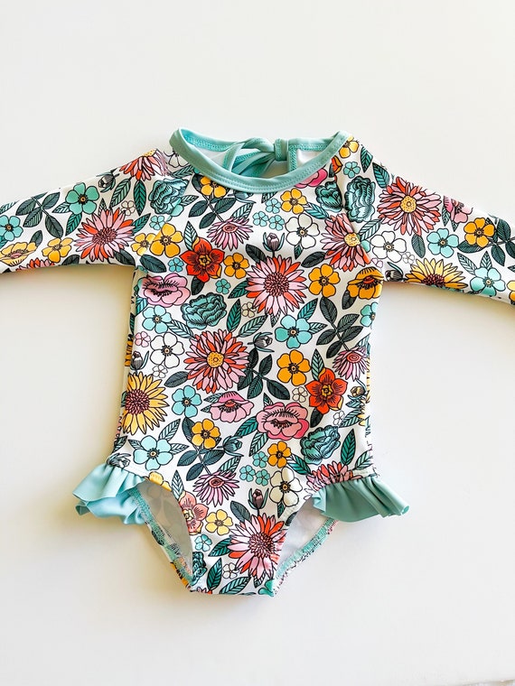 Girls Long Sleeve Retro Floral Rash-guard Bathing Suit// | Etsy