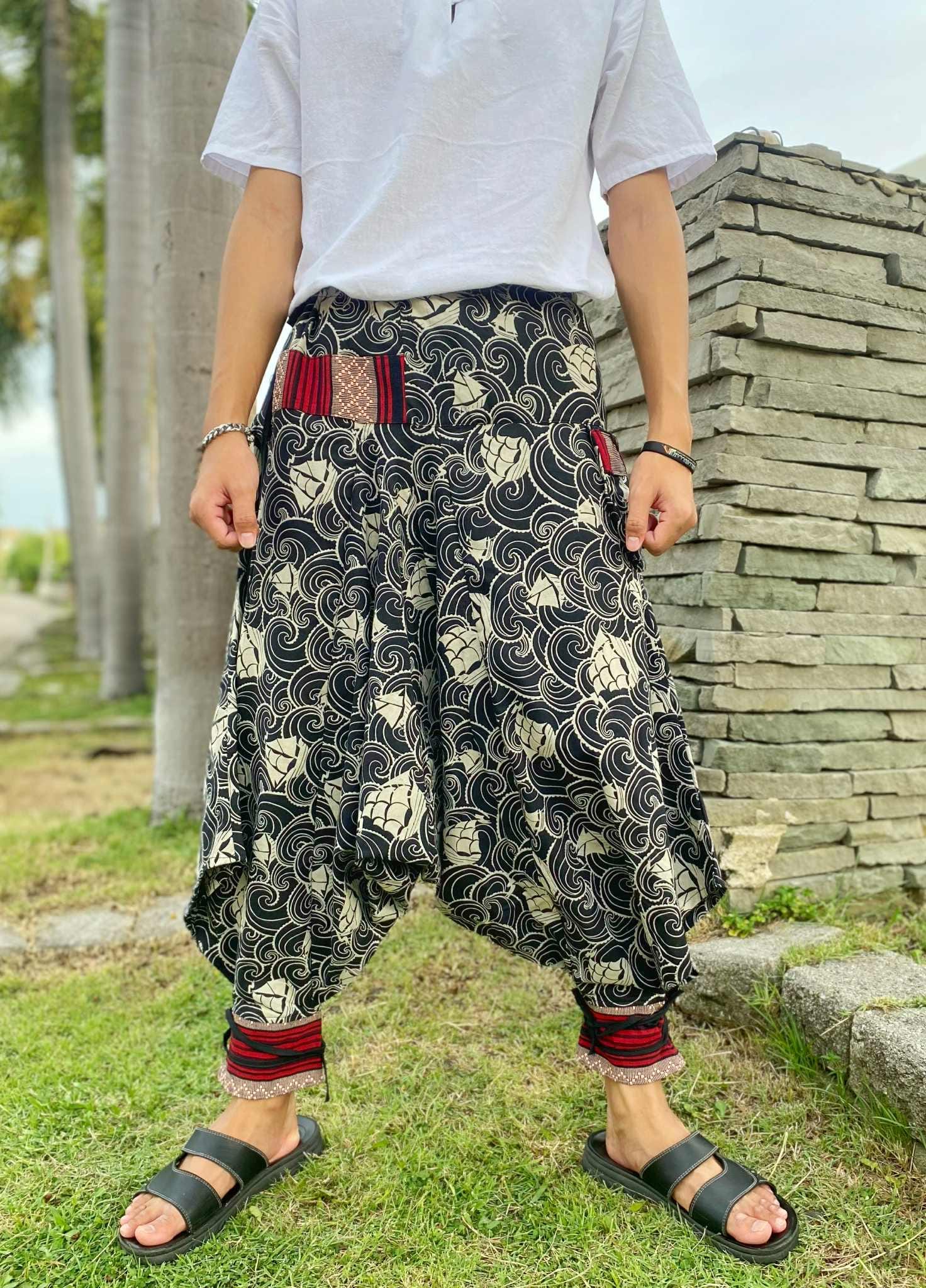 Pantalon Capri Homme Ethnique - Coton/lin, Cordon, Boutons Grenouille, Coupe Ajustée