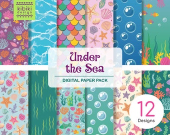 Under the sea digital paper, Mermaid paper pack, Mermaid party, Sea animals patterns