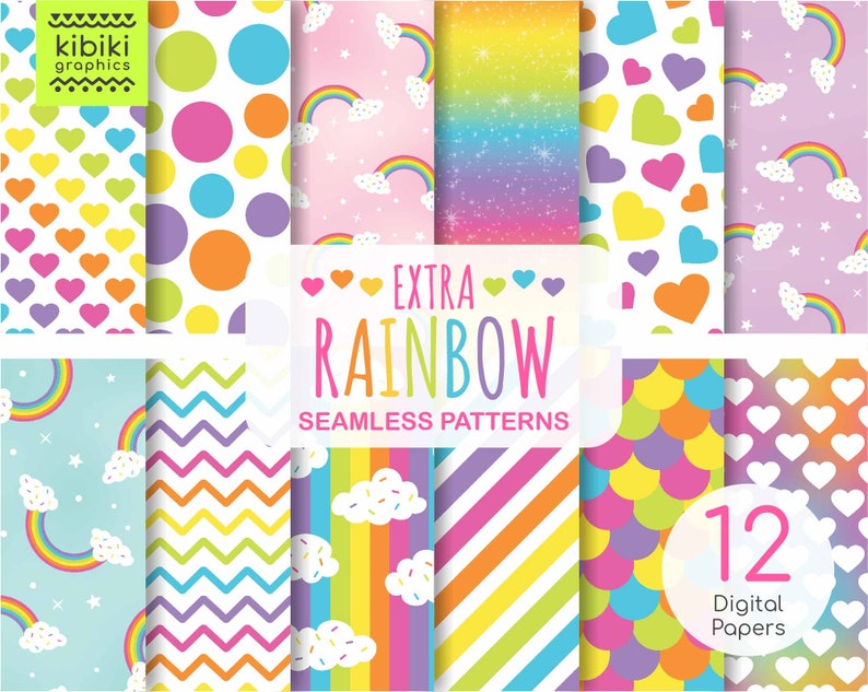 INSTANT DOWNLOAD Seamless pattern, rainbow digital paper, rainbow paper pack, printable, rainbow paper set, rainbow seamless, scrapbook image 1