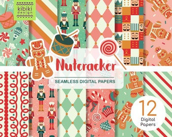 Christmas Nutcracker digital paper, Cute Christmas Seamless Patterns, Digital scrapbooking, Retro Christmas Designs