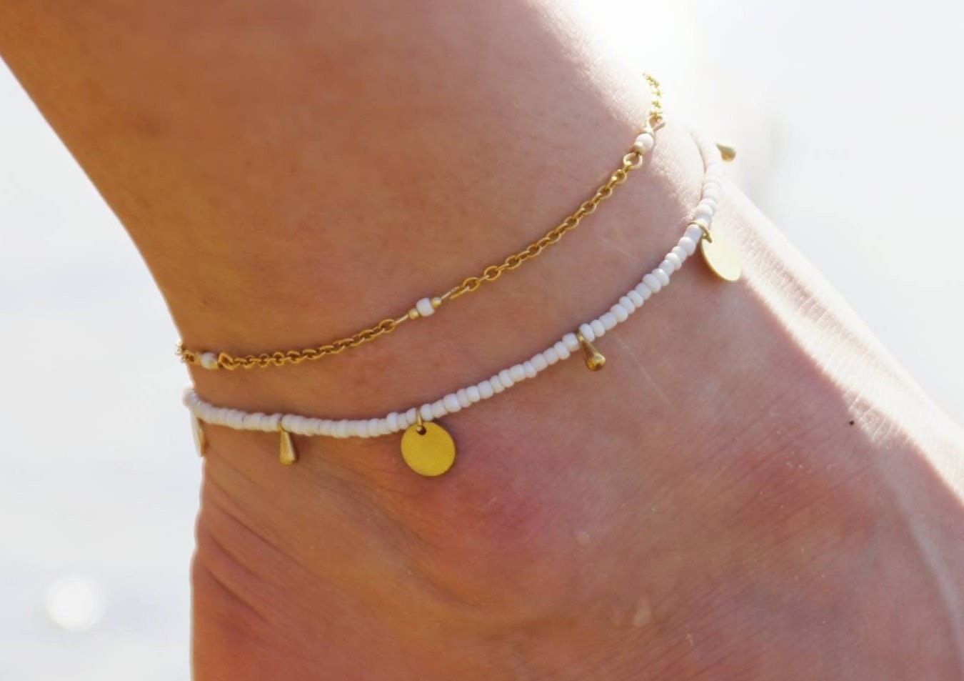 Elastisches Fußband Mit Silberperlen - Ethno Boho Style | Für Frauen & Schmalere Männerfüße