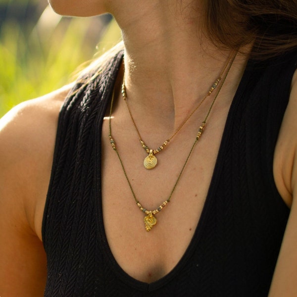 MAYLA, handmade, filigree brass charm macrame necklace, boho jewelry