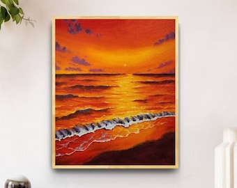 Orange Sunset Beach Wall Art, Ocean Original Painting, Tropical Sunset Sea Acrylic Painting, Desk art gift, handmade painting