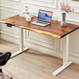 Desk - White Frame, Desk, Standing Desk, Tropical Hardwood, Stand-Up Desk, Live Edge Desk, Adjustable Standing Desk, Desk with Storage